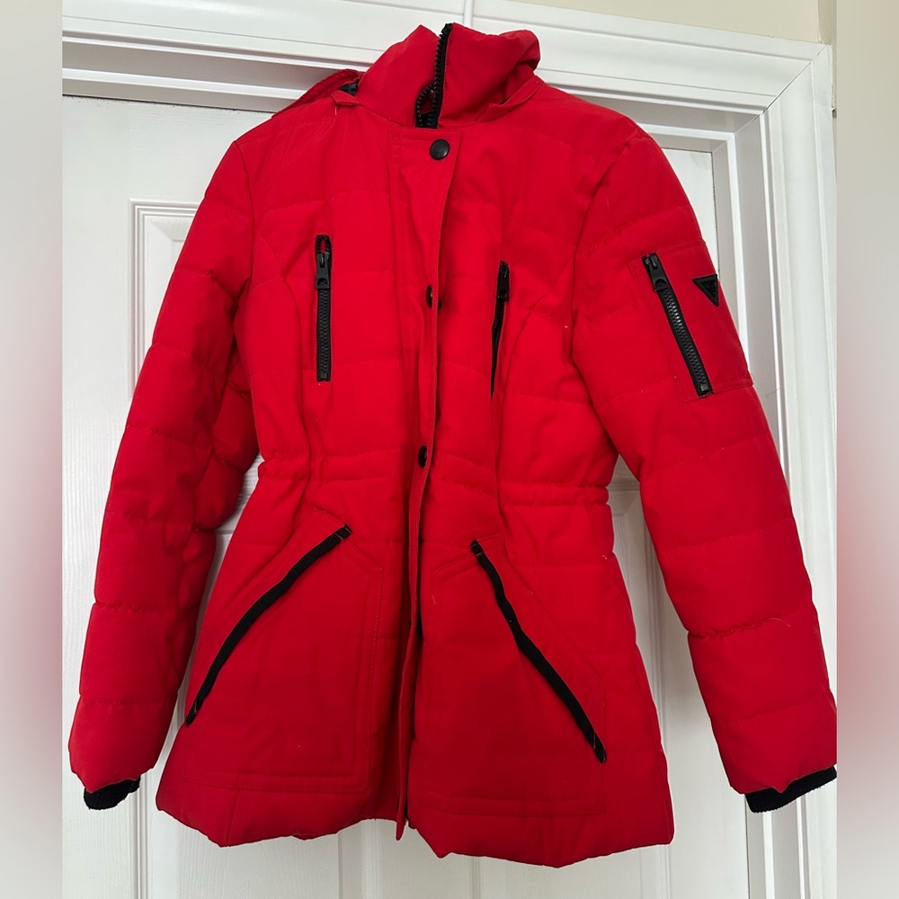 Guess Red Puffer Jacket with Black Accents